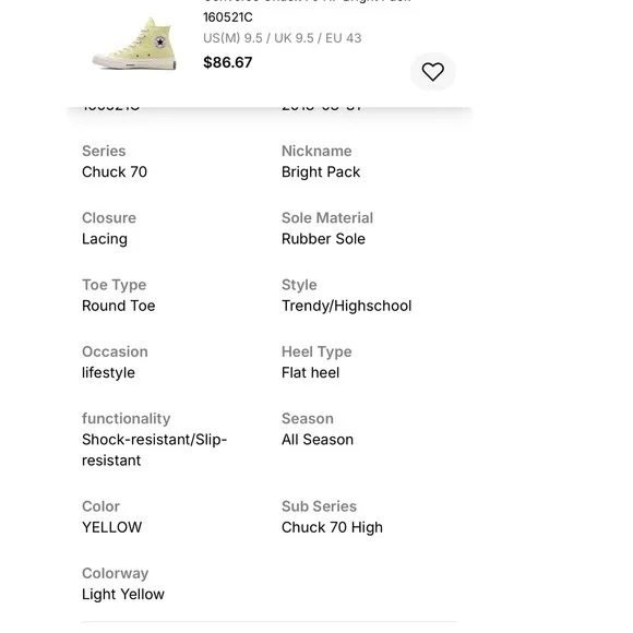 Converse Chuck Taylor All Star 70 Hi Light Yellow Sneakers Shoes Size M 11 W 13 - Picture 15 of 16